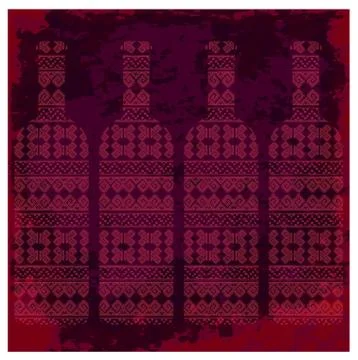 Wine tasting card, four bottles of red wine with pattern over dark background Illustrazione stock