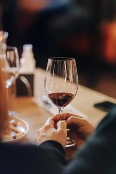 Wine tasting experience in the rustic cellar and wine bar: red wine glass and Foto stock