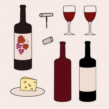 A wine tasting setup featuring red wines, cheese, and glasses on a neutral Stock Illustration