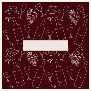 Wine-themed design featuring bottles, glasses, cheese, and grapes set on a Stock Illustration