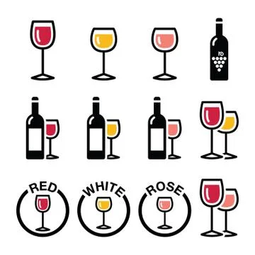 Wine types - red, white, rose icons set Stock Illustration