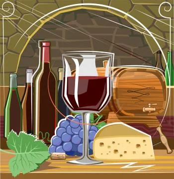 Wine Vault. Vector illustration. Barrels, bottles, cheese, grapes, stone wall Stock Illustration