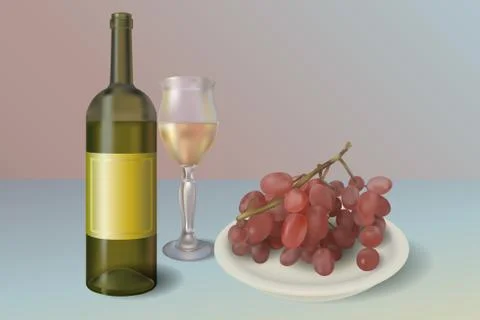 Wine vector background. Wine bottle with glass and plate full of red grapes イラスト素材