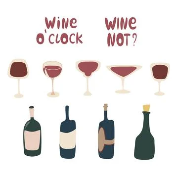 Wine vector set. Hand draw set of different glasses and bottles elements crea 库存插图