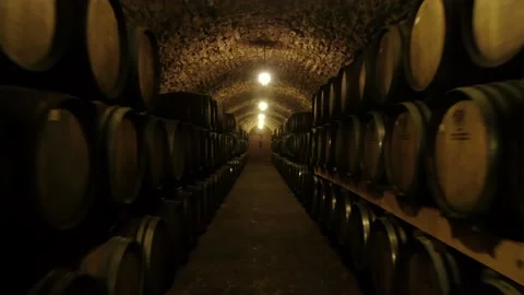 Wine , whiskey or brandy warehouse sorting and rotating barrel Stock Footage