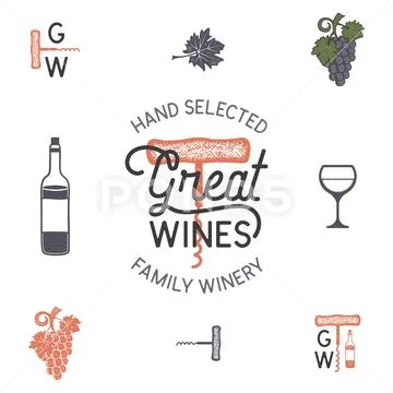 Wine, winery logo and icons, elements. Drink, alcoholic beverage symbol Stock Illustration
