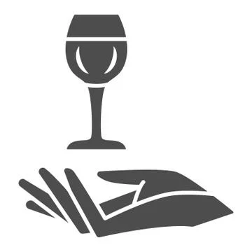 Wineglass in hand solid icon, Wine festival concept, Glass of wine over palm Ilustração Stock