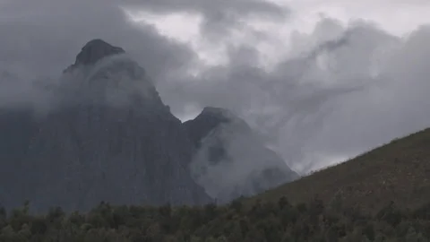 Winelands, 2 misty cloudy mountains. Video stock 145841769