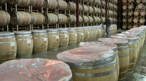 A winemaker checks the progress of a open barrel Stock Footage