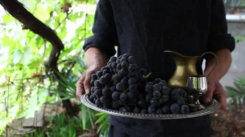 Winemaker in his garden keeps a tray with grapes and homemade wine Vídeo Stock 58172797