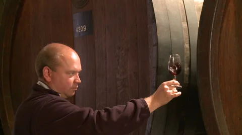 Winemaker swirls wine in ancient cellar sepia wide Stock Footage 1047662