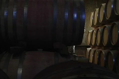 Winemaker tasting wine amongst barrels Stock Footage 375470