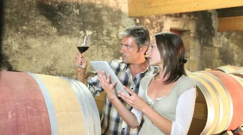 Winemakers controlling wine with tablet Stock Footage 14834314