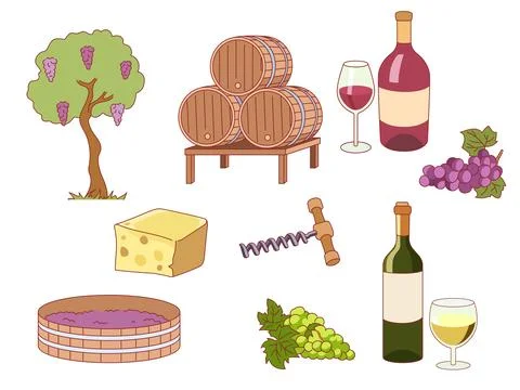 Winemaking elements. Fermented noble alcohol, settling in oak barrels, white and Stock Illustration
