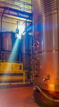 Winemaking machinery processing grape must in a winery Stock Photos