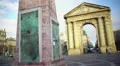 Winemaking monument and ancient arch at Place de la Victorie in Bordeaux, France HD Footage
