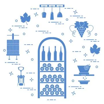 Winemaking: the production and storage of wine. Culture of drinking wine. Stock Illustration