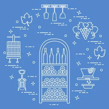 Winemaking: the production and storage of wine. Culture of drinking wine. Stock Illustration