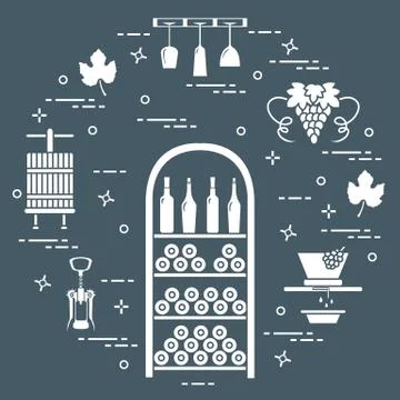 Winemaking: the production and storage of wine. Culture of drinking wine. Stock Illustration