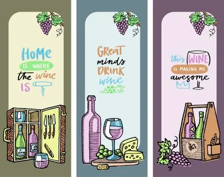 Winery set of cards, banners vector illustration. Bottles with alcohol, glass Stock Illustration