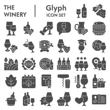 Winery solid icon set. Wine signs collection or vector sketches. Valuable Stock Illustration
