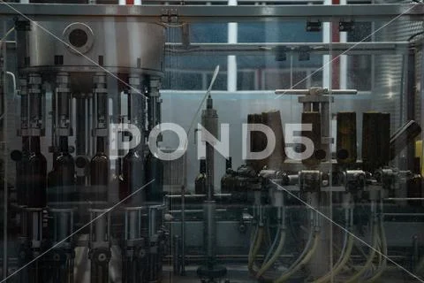 Winery wine production prepared clean bottle conveyor Stock Photos