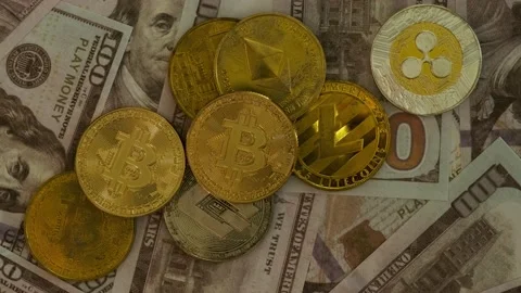 Wines on coins of cryptocoins on US dollars Stock Footage 201408588