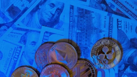 Wines on coins of cryptocoins on US dollars Stock Footage 201408631