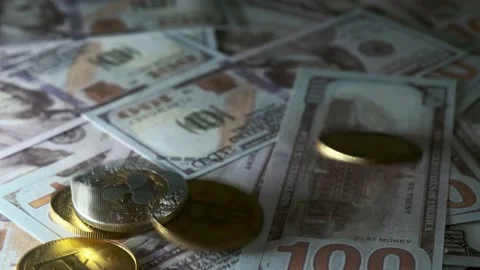 Wines on coins of cryptocoins on US dollars Stock Footage 201510333