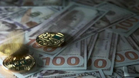 Wines on coins of cryptocoins on US dollars Stock Footage 201510378