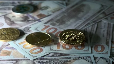 Wines on coins of cryptocoins on US dollars Stock Footage 201510428