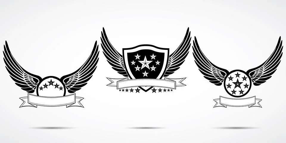 Wing abstract emblem set, logo template, badge label, icon, tattoo design Illustrazione stock