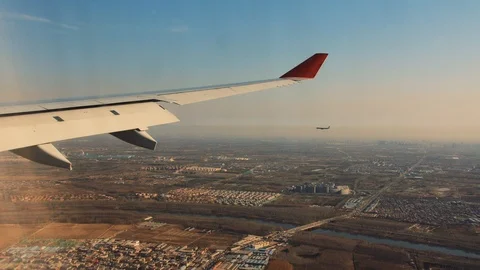 Wing of airplane from window. Stock Footage 90416983