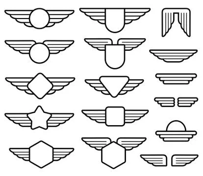 Wing army emblems, aviation badges, pilot labels line vector set Stock Illustration