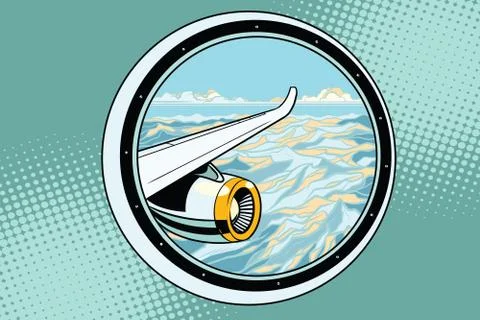The wing of a flying passenger plane Stock Illustration