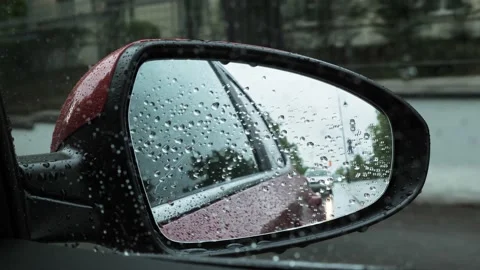 Wing mirror in rain closeup Stock Footage 201818871