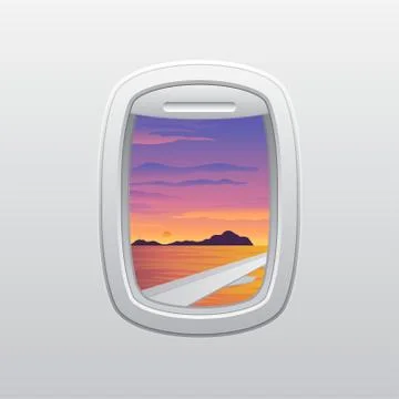 Wing of the plane against the background of orange clouds and a purple sky. View Stock Illustration