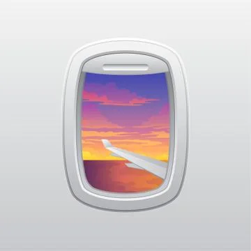 Wing of the plane against the sunset. View from the window of the plane. Vector Stockillustratie