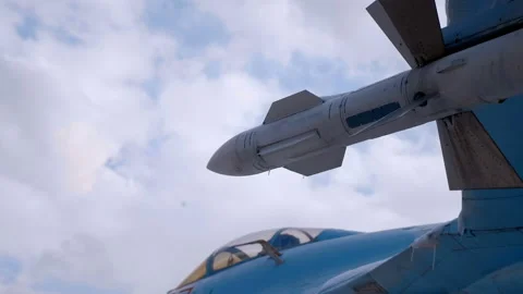 On the wing of Russian fighter controlled missile "air-to-air", "air-to-ground" Video stock 187860731