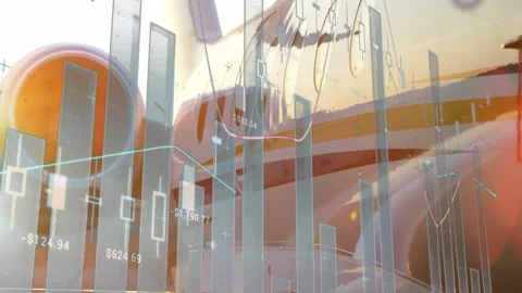 With wing silhouette appearing, data charts rising and weaving around engine Stock Footage 310429114