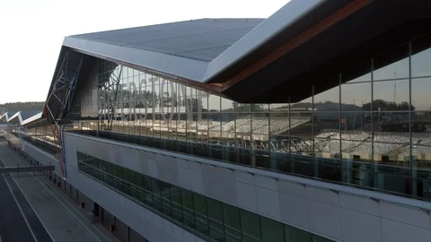 The Wing of Silverstone Race Track and International Pit Straight in the Morning Stock Footage 112257429