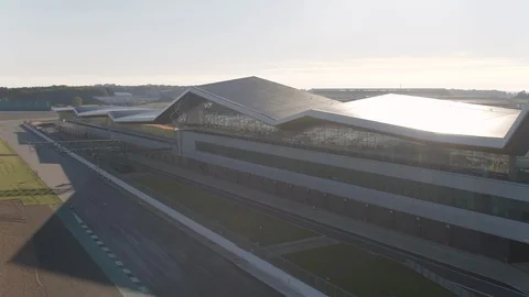 The Wing of Silverstone Race Track and International Pit Straight in the Morning Stock Footage 112286323