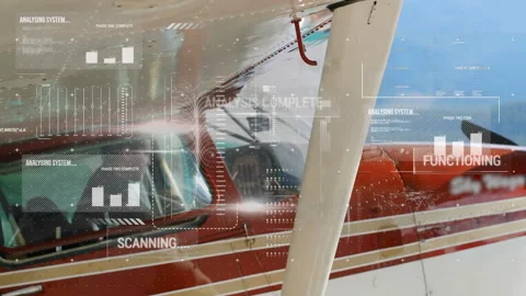 Wing strut and fuselage showing scan overlay streaming code, analysing data, Stock Footage 309761411