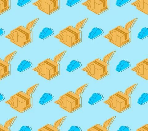 Winged box pattern seamless. Parcel with wings delivery background Stock Illustration