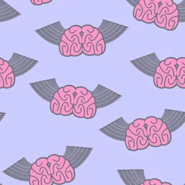 Winged brain seamless pattern. Brain with wings Symbol idea. Brain with Angel Stock Illustration