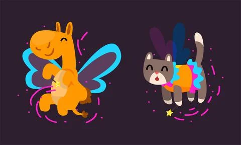 Winged Camel and Cat Flying with Magic Wand as Fairy or Pixie Vector Set Stock Illustration