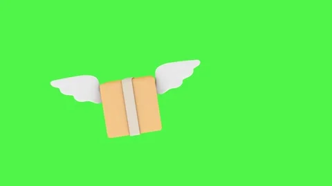Winged cardboard delivery box flies upward across a bright chromakey background Stock-Footage 344129656