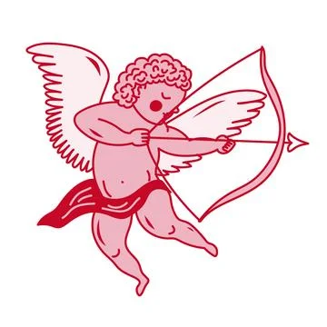 A winged cherub draws back an arrow in a bow, symbolizing love and romance. T Stock Illustration