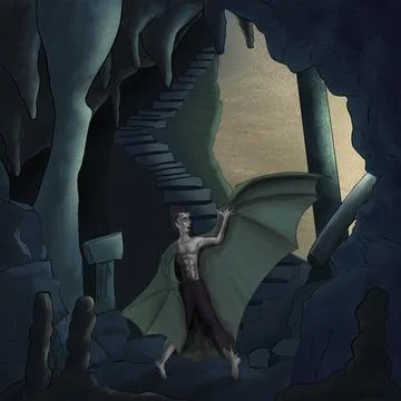 Winged creature hiding in a cave at dawn Stock Illustration