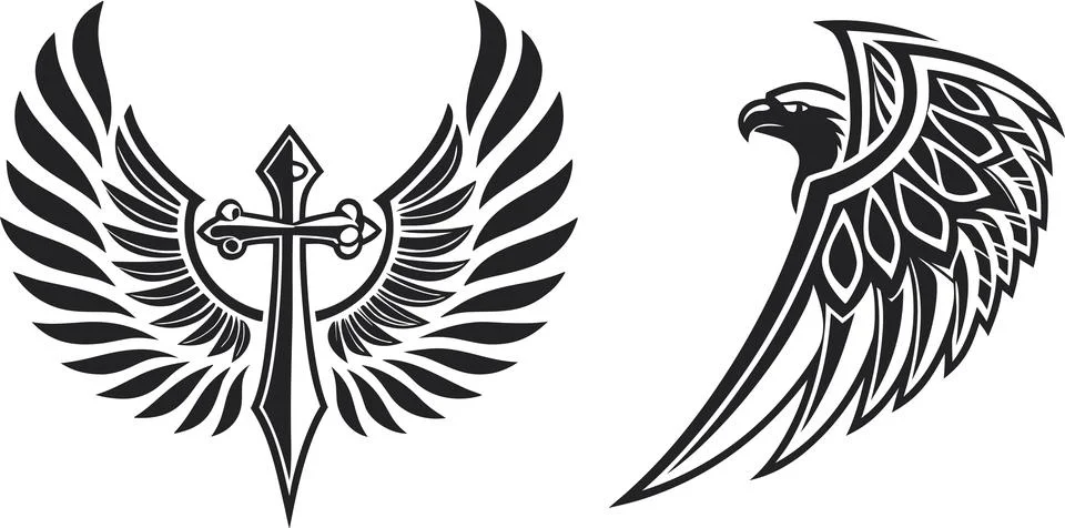 Winged cross and eagle head graphic elements in black and white tattoo style. Illustrazione stock